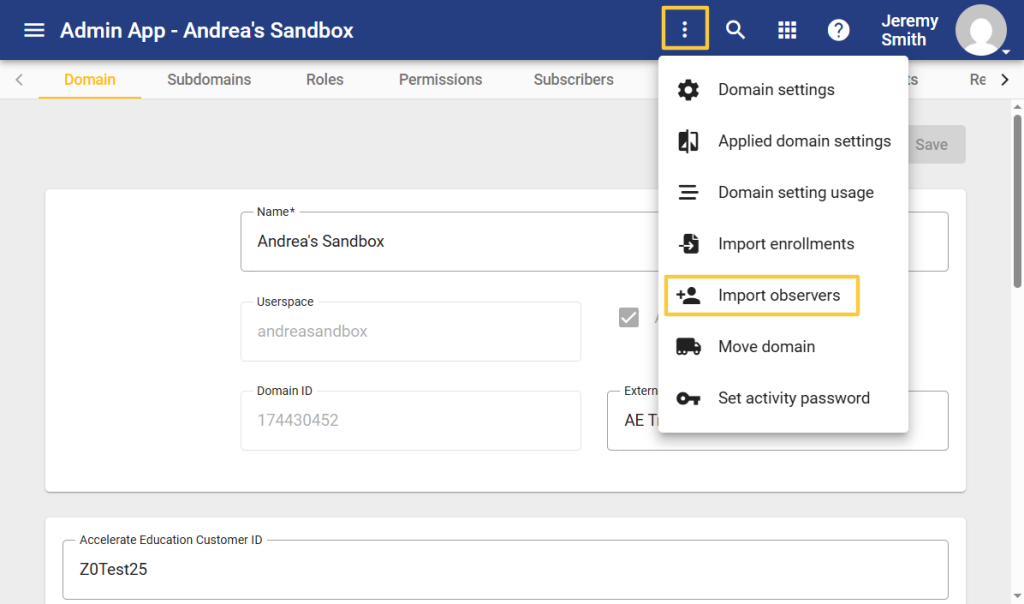 Screenshot of Admin App page with ellipsis menu open and Import Observers highlighted