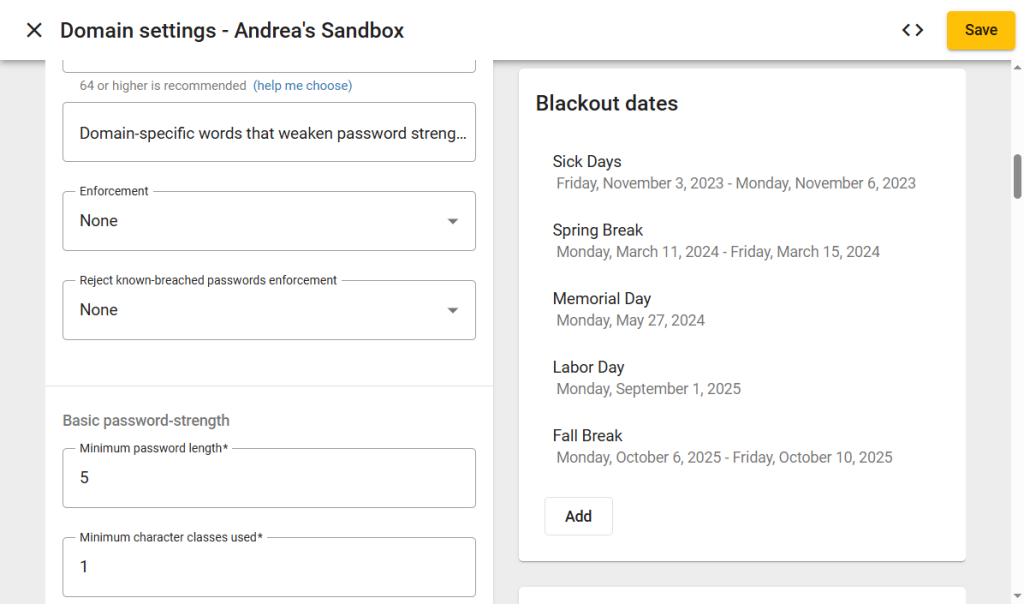 Screenshot of Domain Settings showing Blackout Dates area