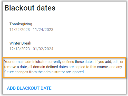 View of course blackout dates in course settings.
