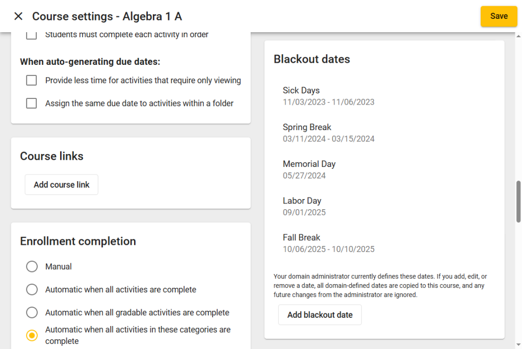 Screenshot of Course Settings page with Blackout Dates section visible