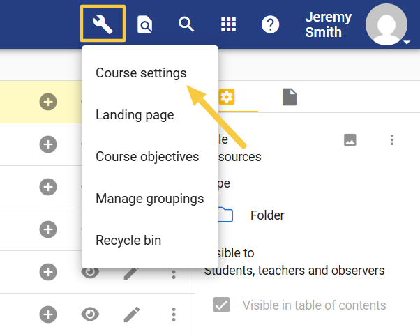 Screenshot of Editor page with wrench icon menu open and Course Settings called out