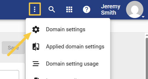 Screenshot of ellipsis menu open with Domain Settings called out