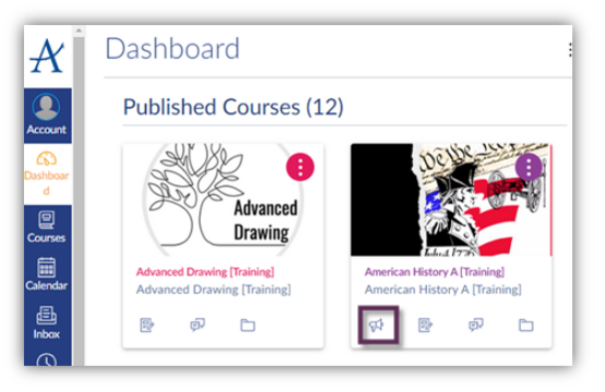 Screenshot of Canvas Dashboard with megaphone icon highlighted