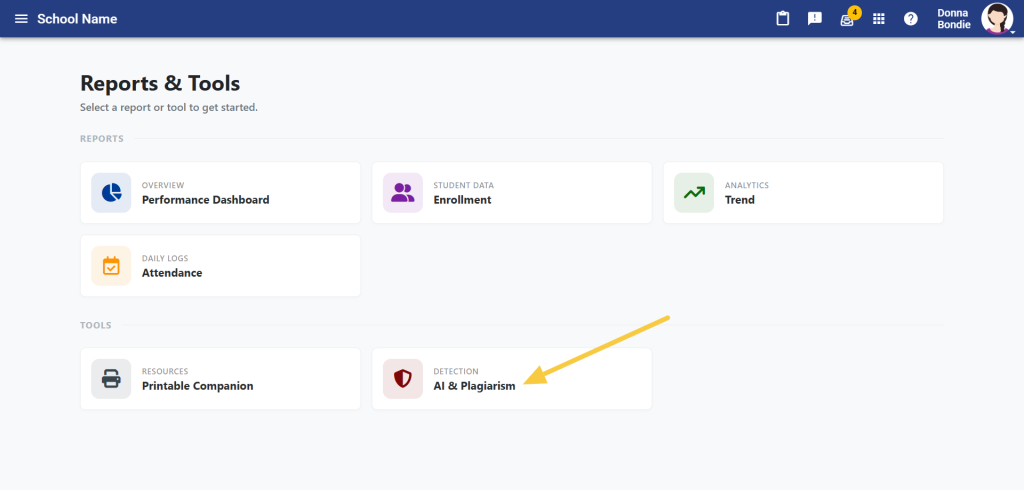 Screenshot of Reports and Tools menu with AI and Plagiarism highlighted