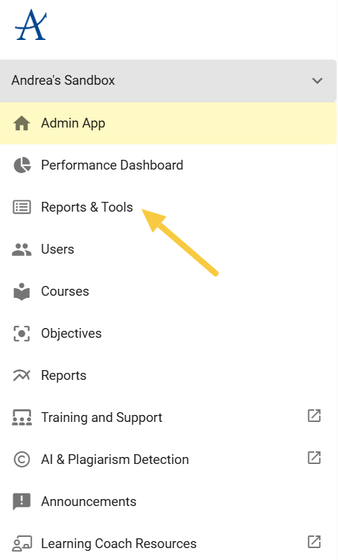 Screenshot of Admin App menu with arrow pointing to "Reports and Tools."