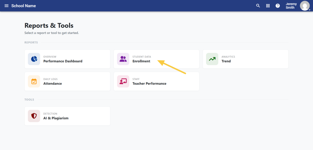 Screenshot of Reports and Tools menu with arrow pointing to "Enrollment."