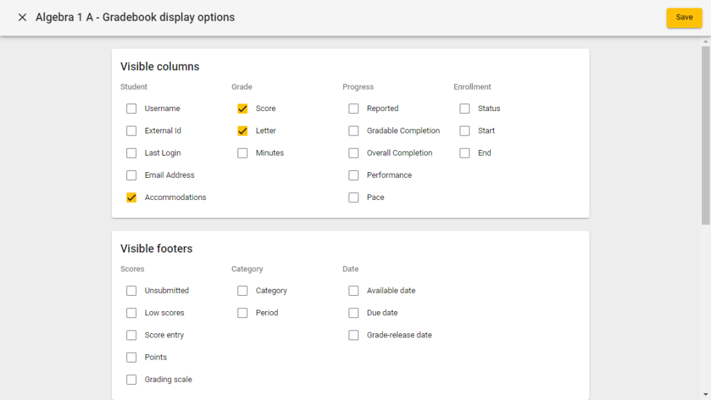 Screenshot of gradebook display options