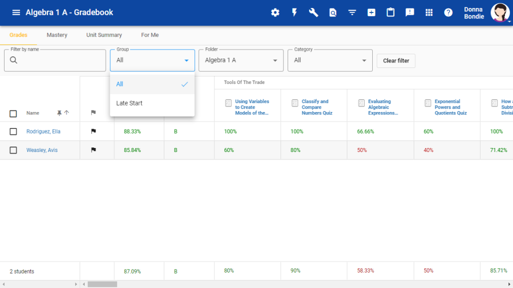 Screenshot of gradebook filter options
