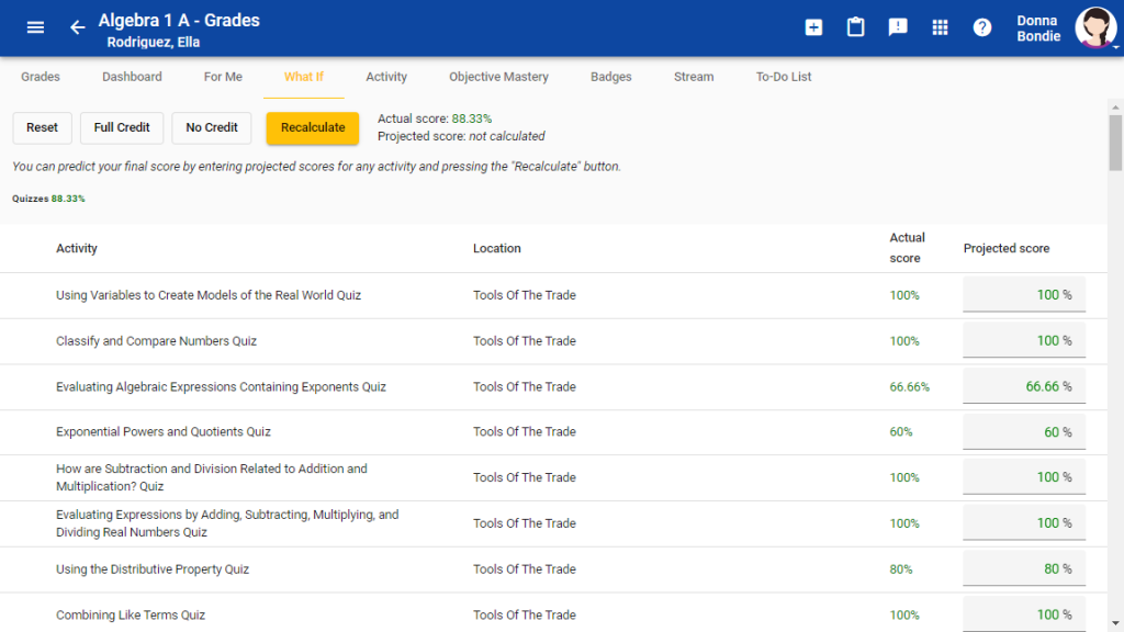 Screenshot of a student's "What if" screen