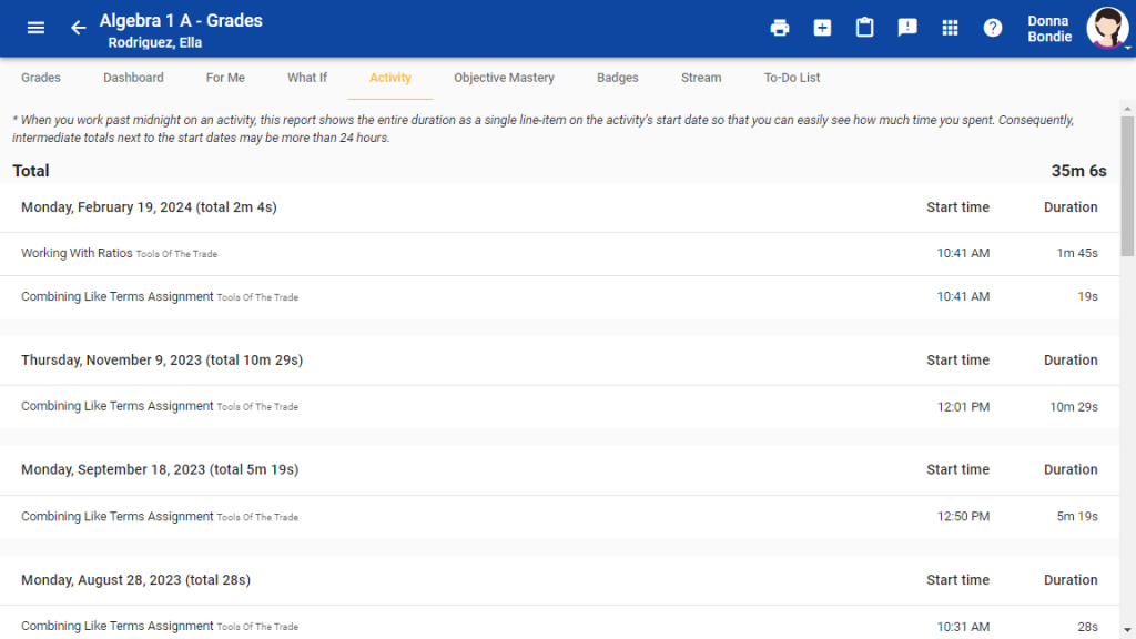Screenshot of a student's activity view