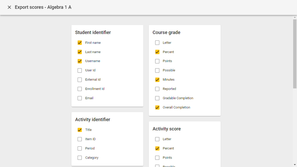 Screenshot of export scores options
